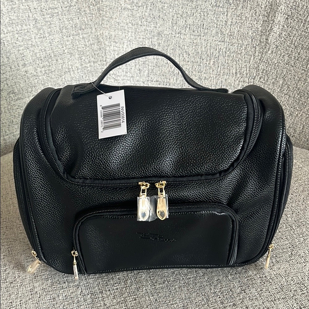 NWT Bella Russo Black Pebbled Faux Leather Travel Cosmetic Bag w/ Gold Hardware